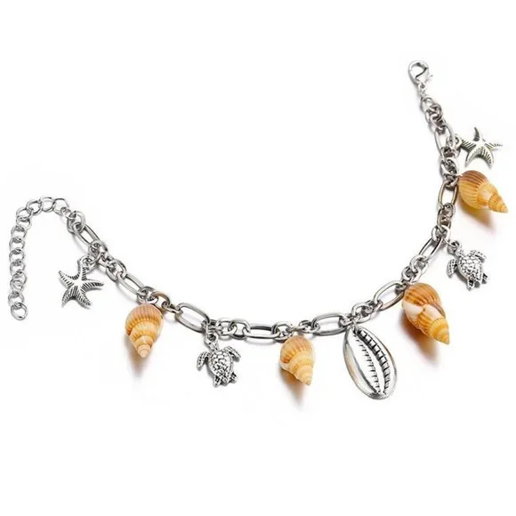 ⚡ 925 Silver Plated Turtle Starfish Sea Shell Conch Anklet, MARR9326 - Picture 1 of 6